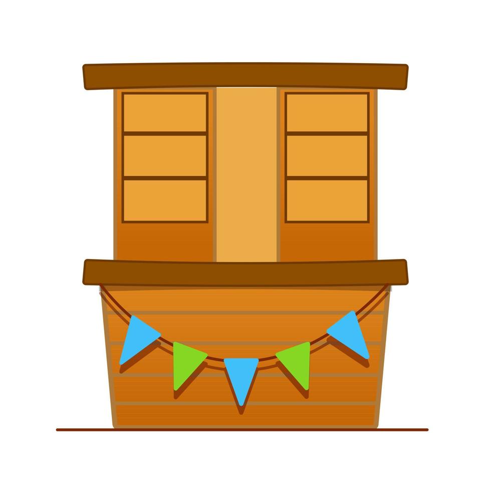 Traditional market empty wooden stall with colorful flags. Flat style vector illustration