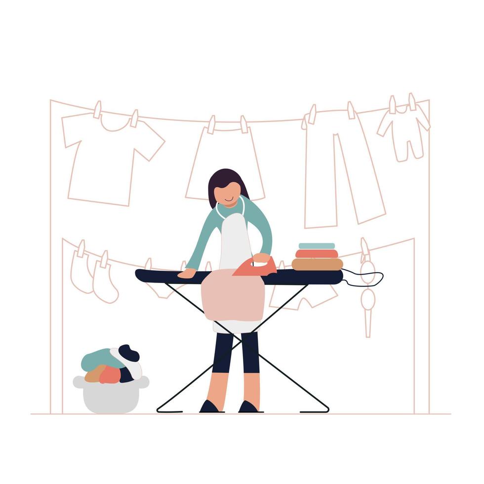 Woman ironing clothes with iron. Flat vector illustration.