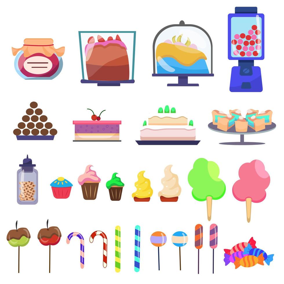 A set of icons of colorful sweets, candies and cakes. Vector collection