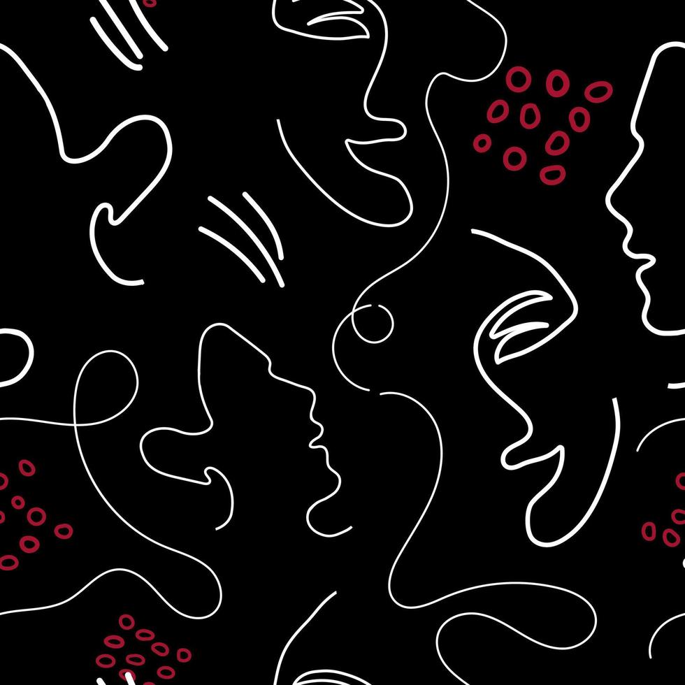 Pattern of covers for posters. Single line face. Black background Vector