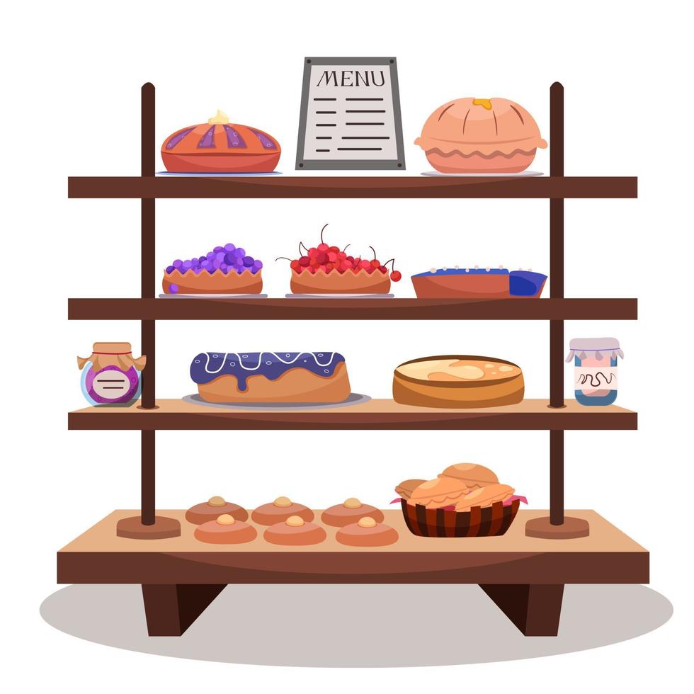 Counter with bakery. Cartoon rack with pies, cakes, buns and jams on white background vector