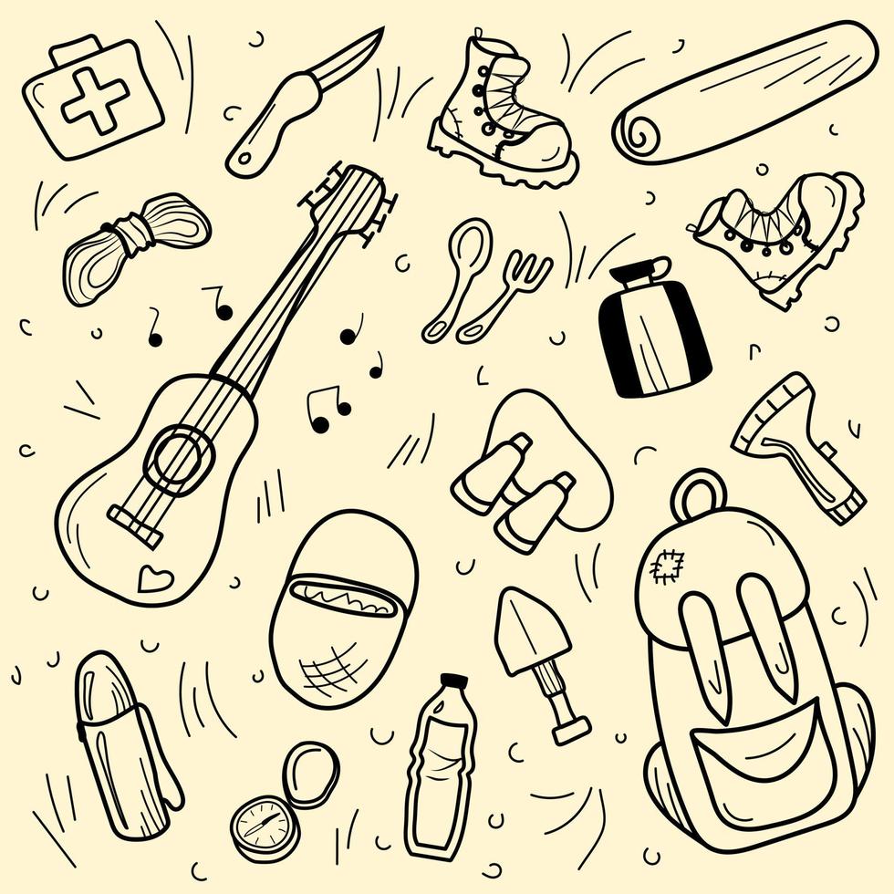 Set of icons with outlines for hiking and camping. Vector doodle collection.