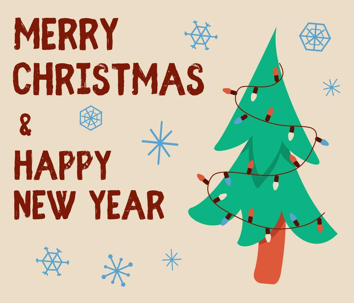 A greeting card with a Christmas tree in garland. Vector illustration with Merry Christmas and Happy New Year