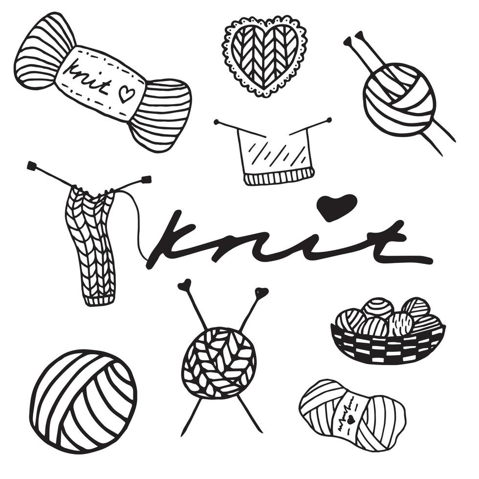 vector illustration of knitting set in doodle style