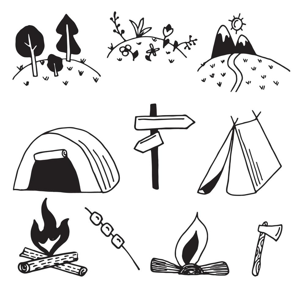 set of camping in the style of doodle vector