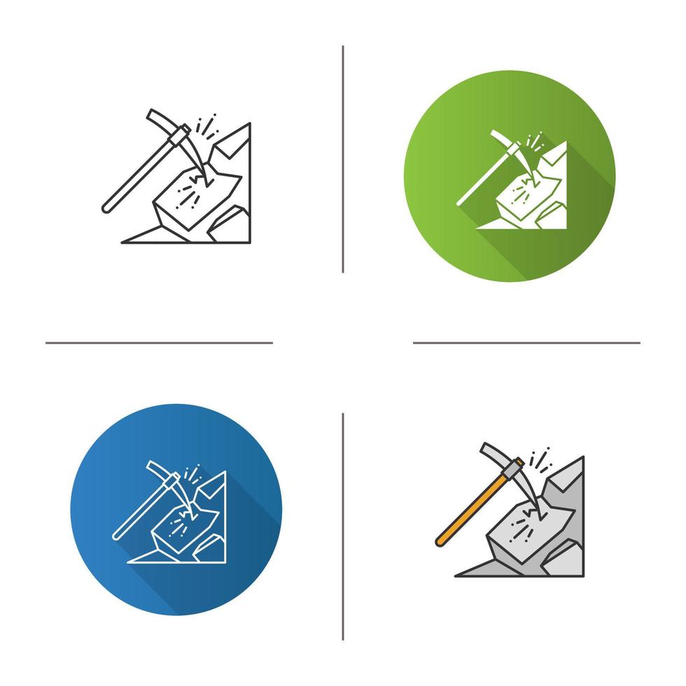 Pickaxe breaking mountain icon. Mining. Navvy pick. Flat design, linear and color styles. Isolated vector illustrations