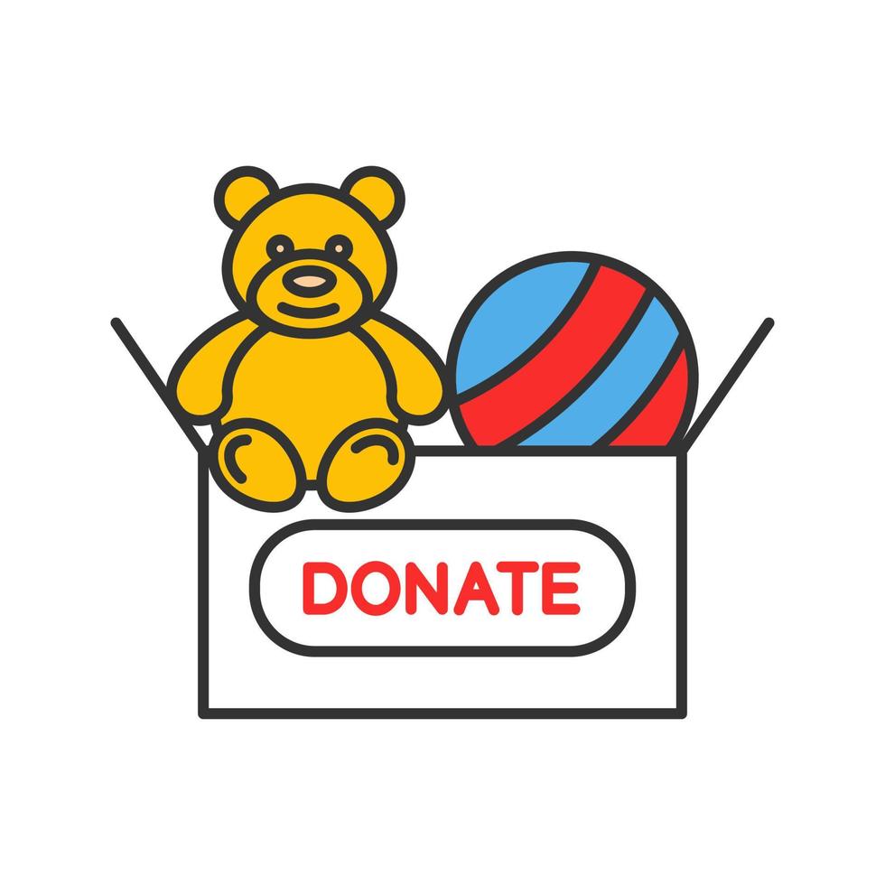 Toys donating color icon. Charity for children. Donation box with teddy bear and ball. Isolated vector illustration