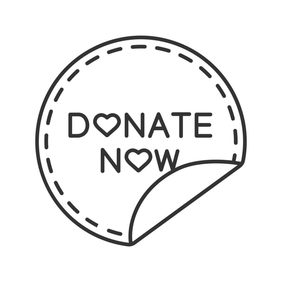 Donate now round sticker linear icon. Thin line illustration. Donation making. Charity sticky label. Contour symbol. Vector isolated outline drawing