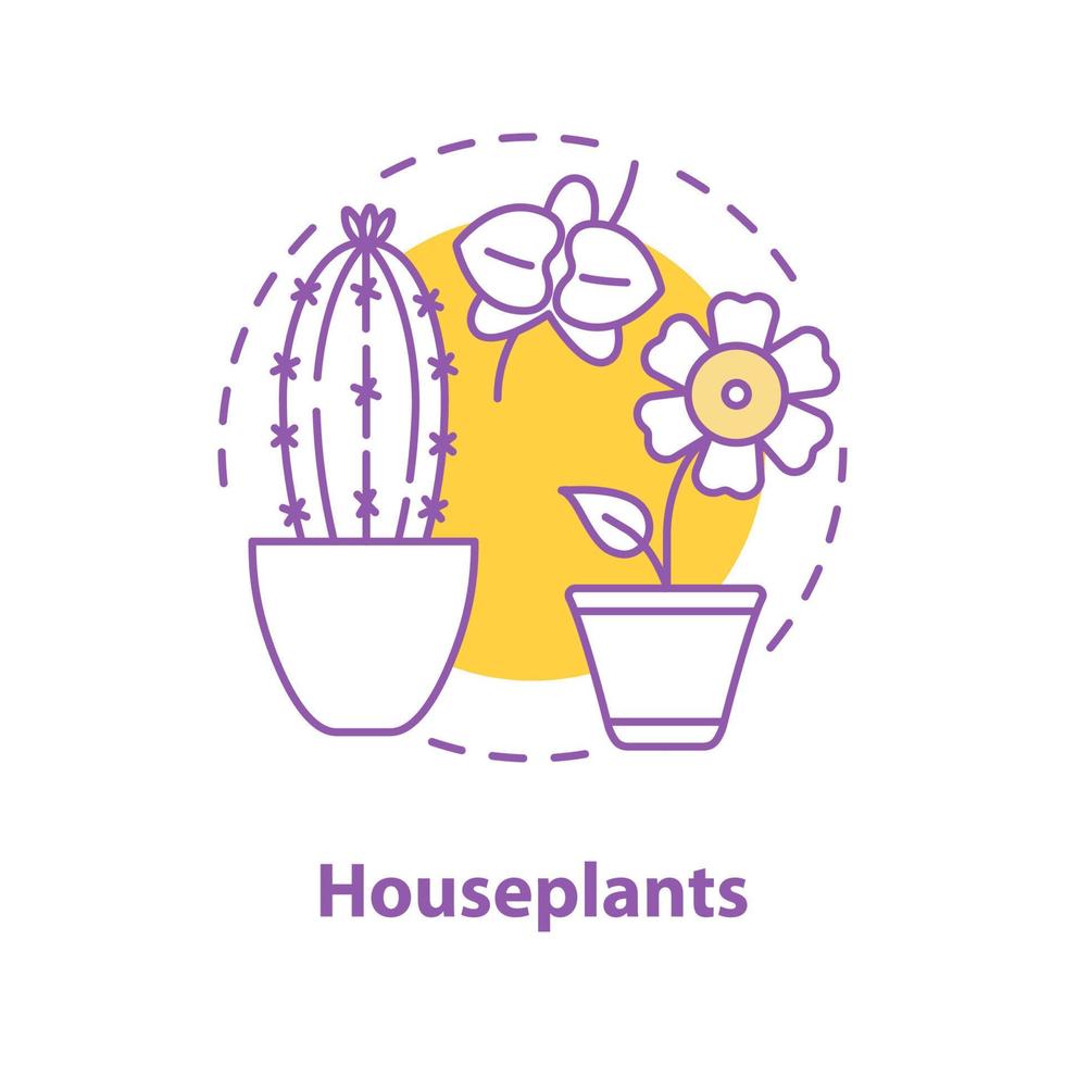 Houseplants concept icon. Flowers idea thin line illustration. Orchid, cactus and hibiscus in flower pots. Vector isolated outline drawing