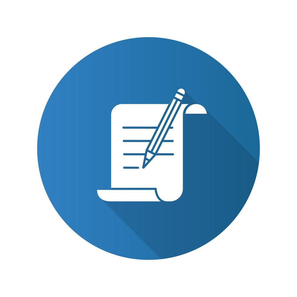 Paper scroll with text and pencil flat linear long shadow icon. Handwriting. Document, certificate, manuscript. Vector outline symbol