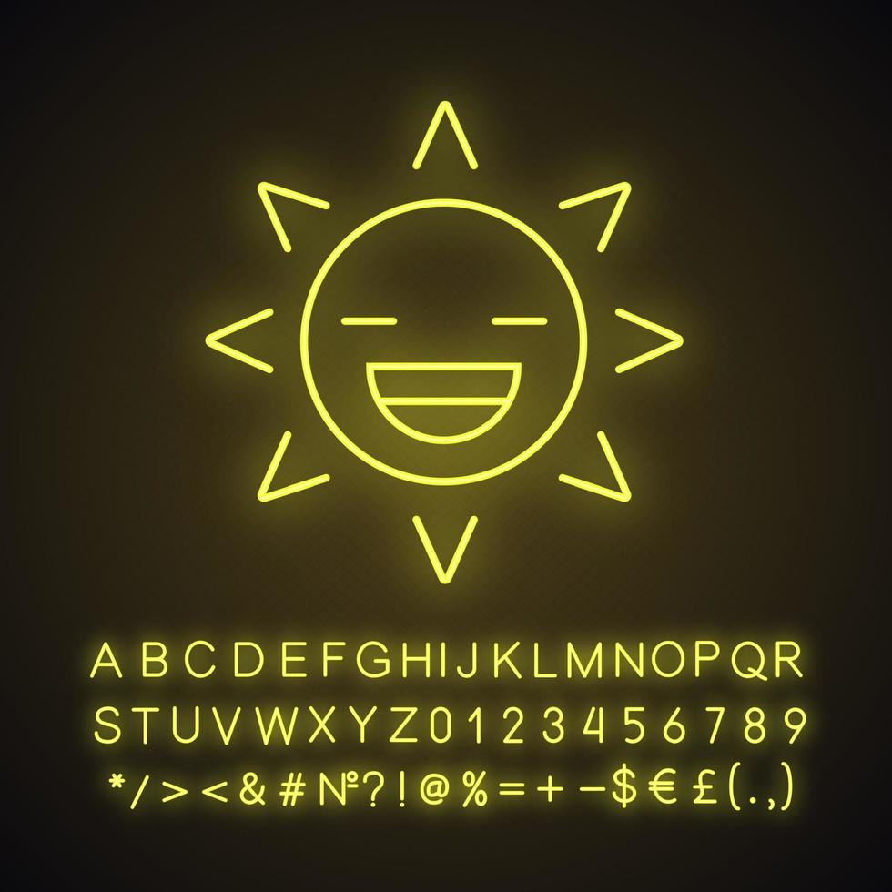 Laughing sun smile neon light icon. Summertime. Happy sun face with broad smile and closed eyes. Glowing sign with alphabet, numbers and symbols. Vector isolated illustration