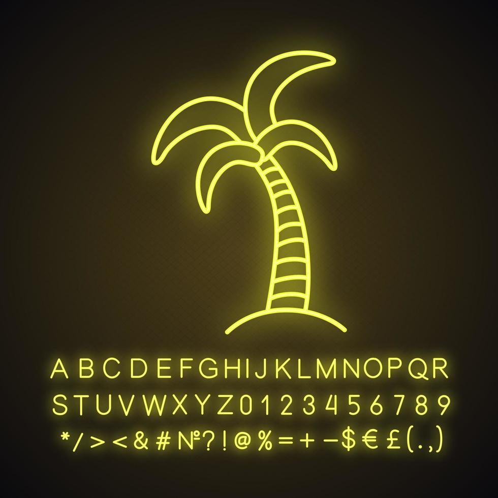 Palm tree neon light icon. Tropical island. Coconut tree. Glowing sign with alphabet, numbers and symbols. Vector isolated illustration