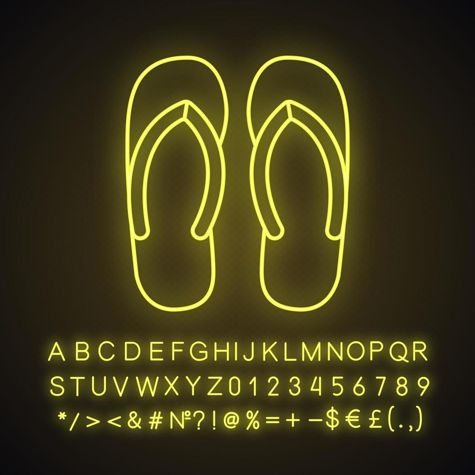 Flip flops neon light icon. Summer slippers. Glowing sign with alphabet, numbers and symbols. Vector isolated illustration