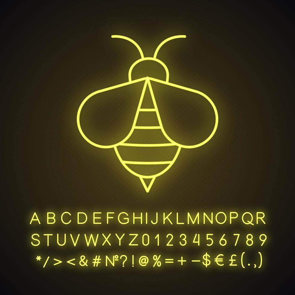 Honey bee neon light icon. Apiary sign. Wasp. Glowing sign with alphabet, numbers and symbols. Vector isolated illustration