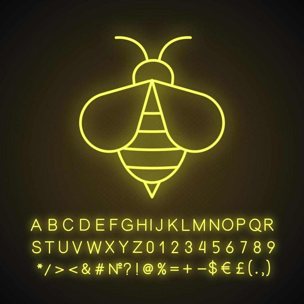 icono de luz de neón de abeja de miel. signo de apiario. avispa. signo brillante con alfabeto, números y símbolos. ilustración vectorial aislada vector