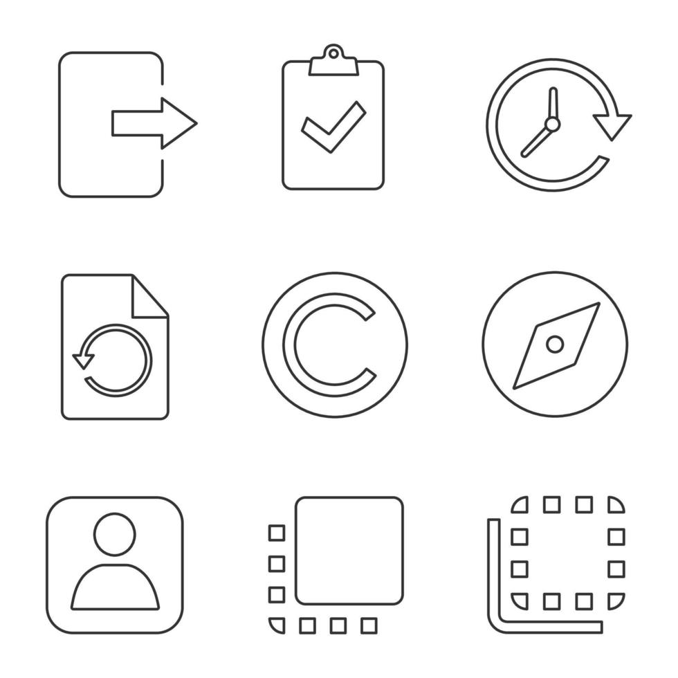 UI UX linear icons set. Exit, assignment returned in, update, restore, copyright, explore tool, userpic, flip to front, flip to back. Thin line contour symbols. Isolated vector outline illustrations