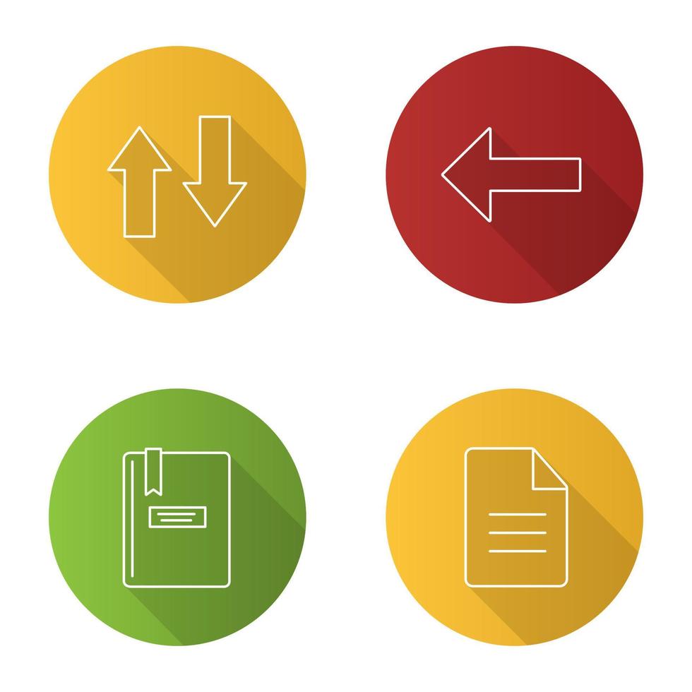 UI UX flat linear long shadow icons set. Vertical swap, back arrow, notepad, file. Vector outline illustration