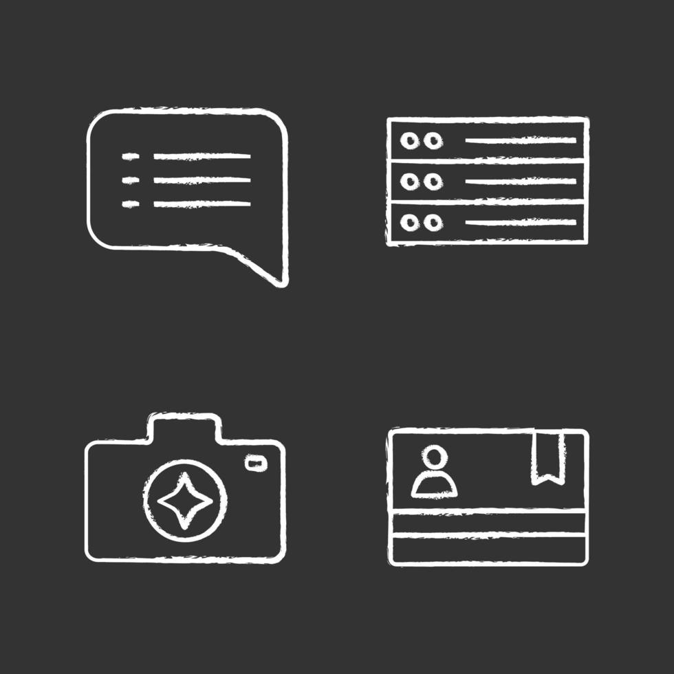 UI UX chalk icons set. Speech bubble, camera enhance, list, membership card. Isolated vector chalkboard illustrations