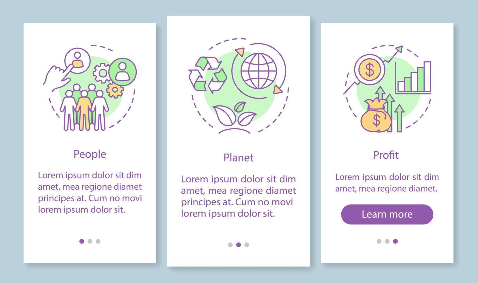 plantilla de pantalla de página de aplicación móvil de incorporación de gestión de recursos. pasos del sitio web del tutorial de personas, planeta y ganancias. triple resultado. tbl. concepción empresarial. interfaz de teléfono inteligente ux, ui, gui vector