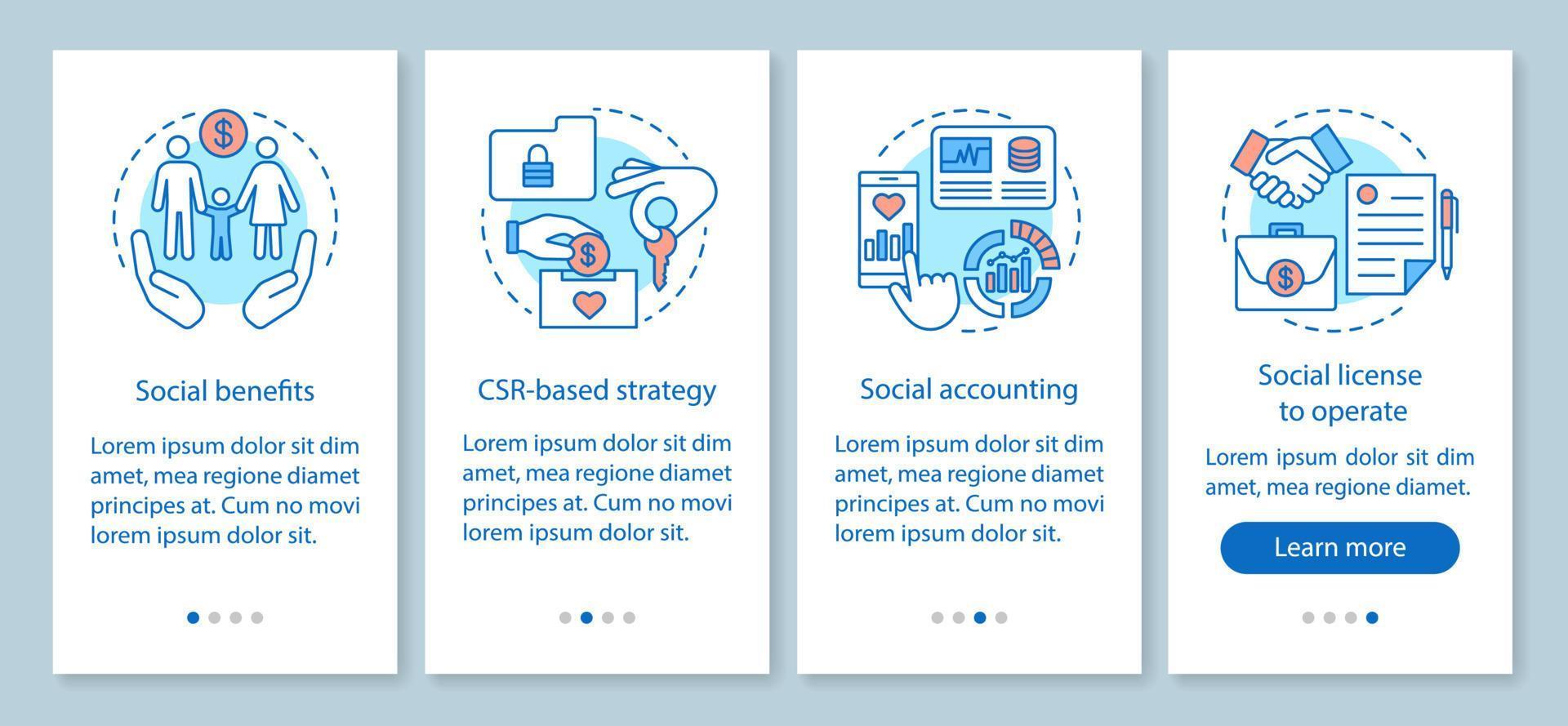 plantilla de vector de pantalla de página de aplicación móvil de incorporación de csr. Pasos del sitio web del tutorial de responsabilidad social corporativa. prestaciones sociales, contabilidad, licencia. concepto de interfaz de teléfono inteligente ux, ui, gui