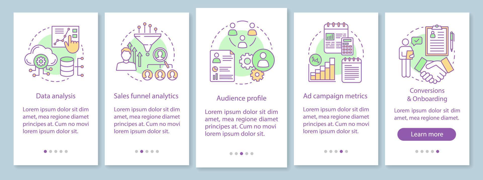 SMM courses onboarding mobile app page screen vector template. Web analytics. Marketing walkthrough website steps with linear illustrations. Ad targeting options. UX, UI, GUI smartphone interface