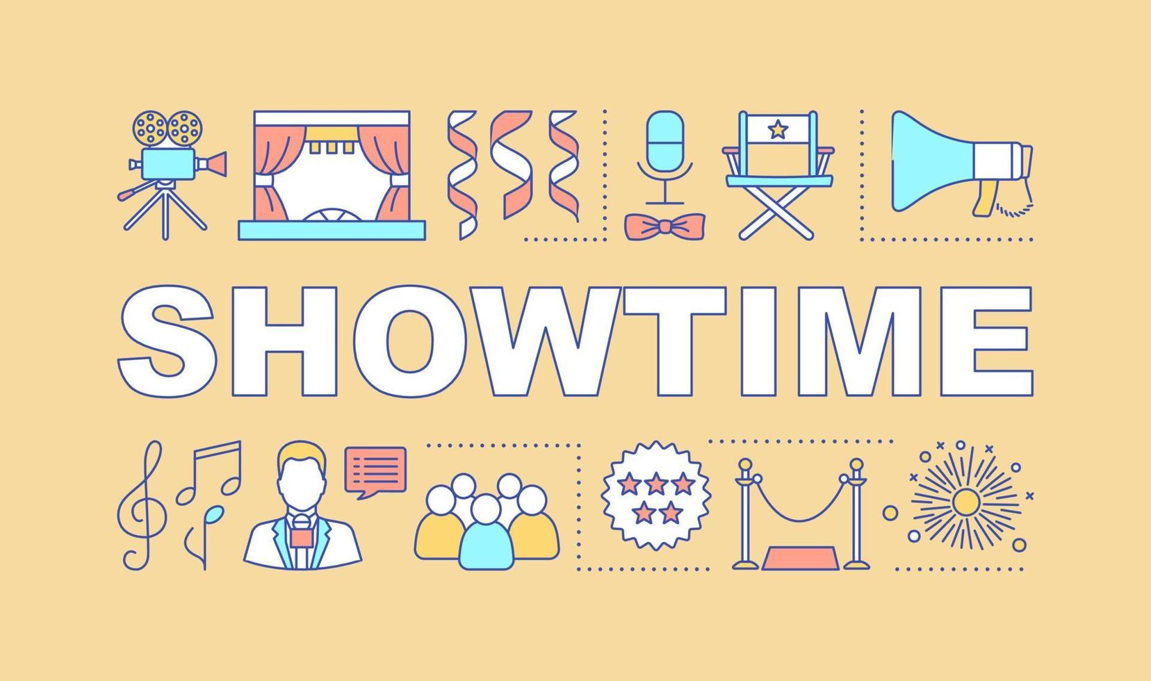 Showtime word concepts banner. Event meeting in theatre. Concert show. Cinema audience. Presentation, website. Isolated lettering typography idea with linear icons. Vector outline illustration