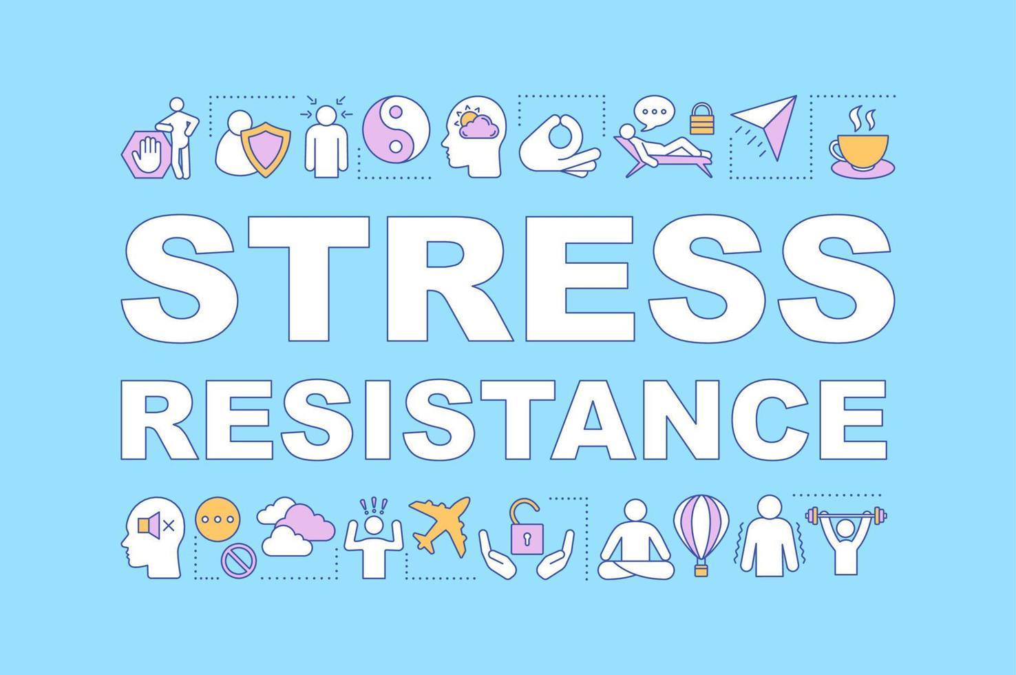 Stress resistance word concepts banner. Calming and relaxing. Stress overcoming. Anxiety coping. Isolated lettering typography idea with linear icons. Vector outline illustration