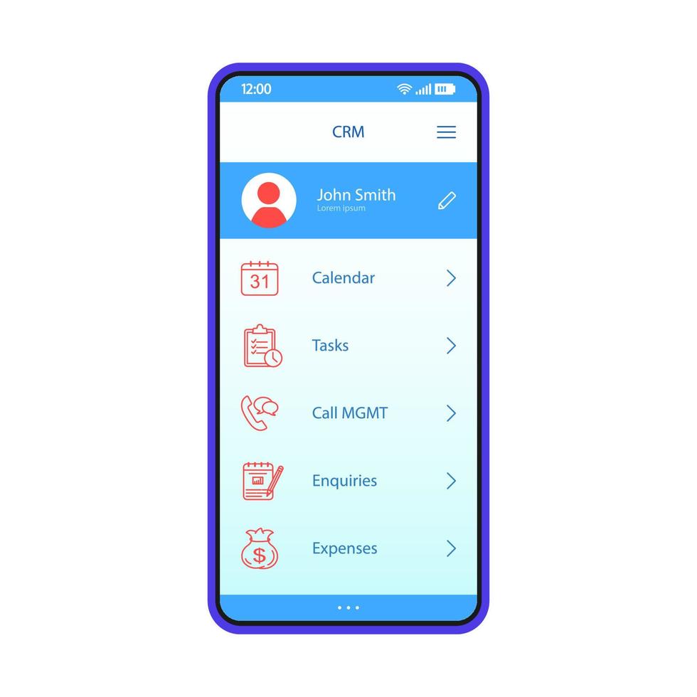 CRM app smartphone interface vector template. Mobile software page blue design layout. Customer Relationship Management application screen. Flat UI. Calendar, tasks, enquiries, expenses phone display