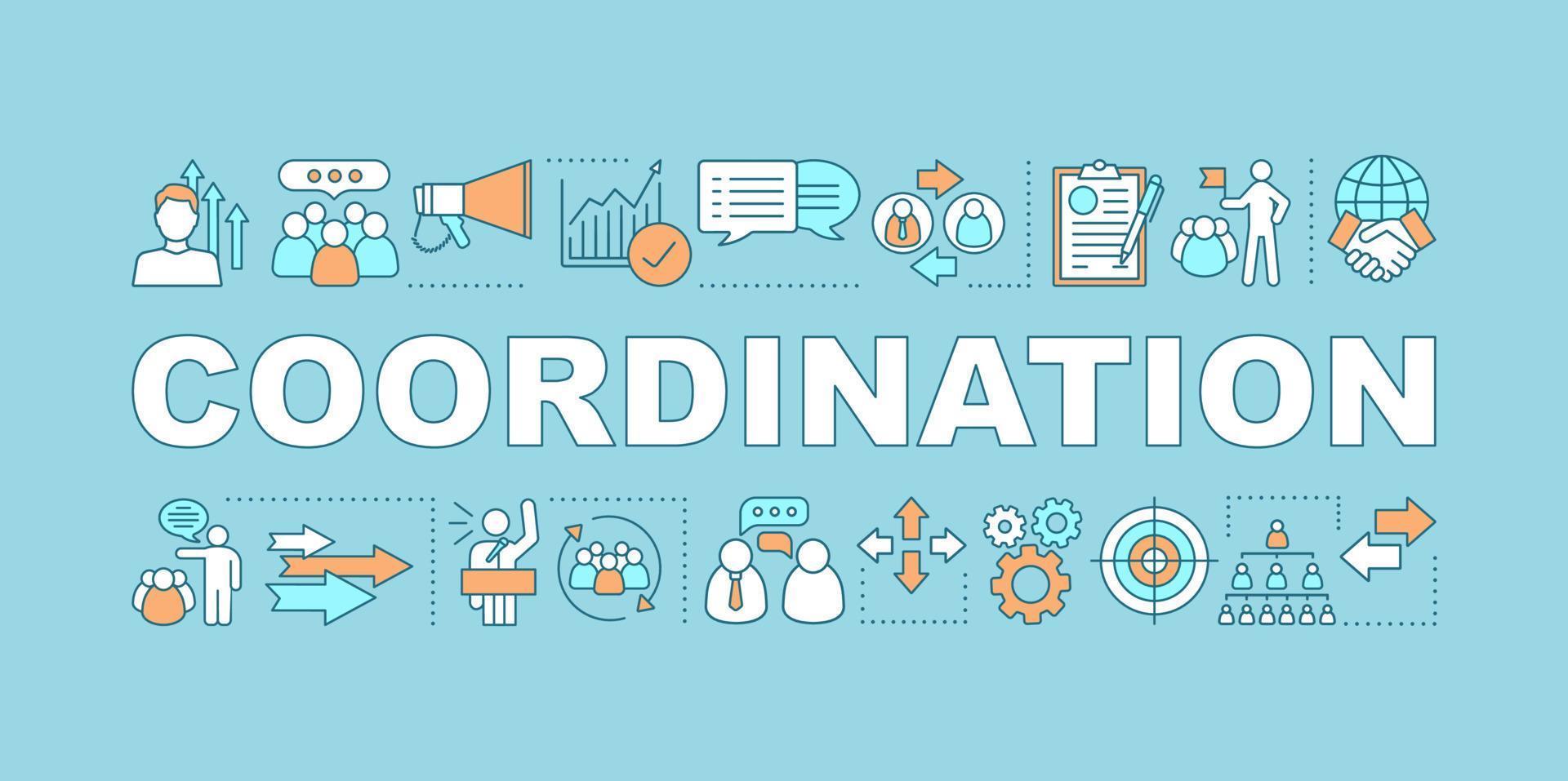 Coordination word concepts banner. Personal success. Skill improvement. Isolated typography idea with linear icons. HR soft skills and professional qualities. Leadership. Vector outline illustration