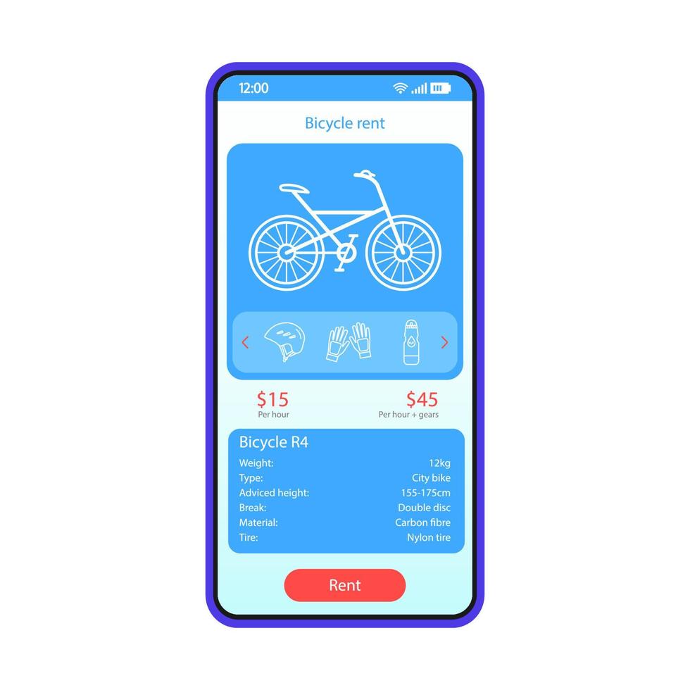 Transport rent app smartphone interface vector template. Mobile application page blue design layout. Bicycle rental online advert screen. Flat UI. Bike, gear options description on phone display