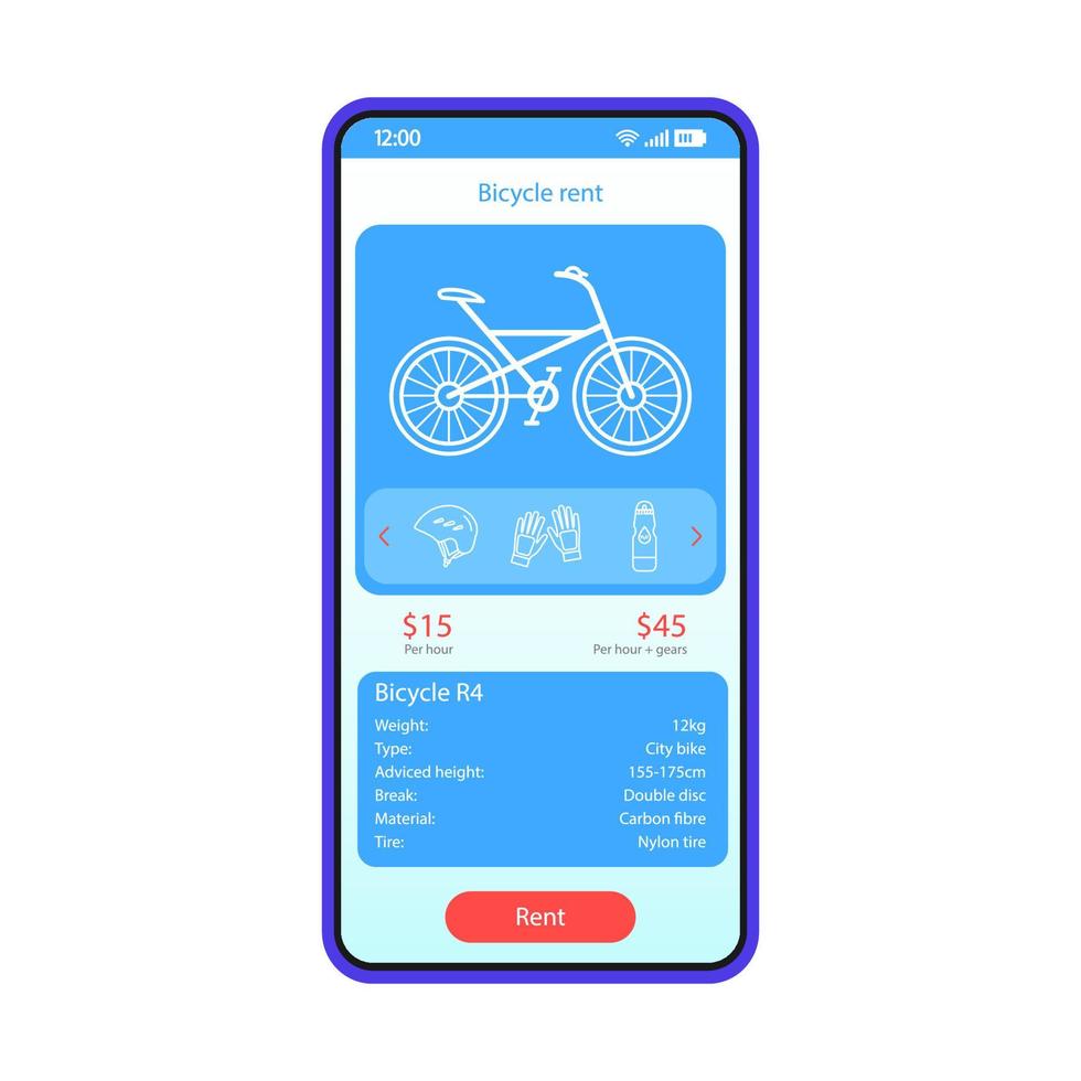 plantilla de vector de interfaz de teléfono inteligente de aplicación de alquiler de transporte. diseño de diseño azul de la página de la aplicación móvil. pantalla de anuncios en línea de alquiler de bicicletas. interfaz de usuario plana bicicleta, descripción de las opciones de marcha en la pantalla del teléfono