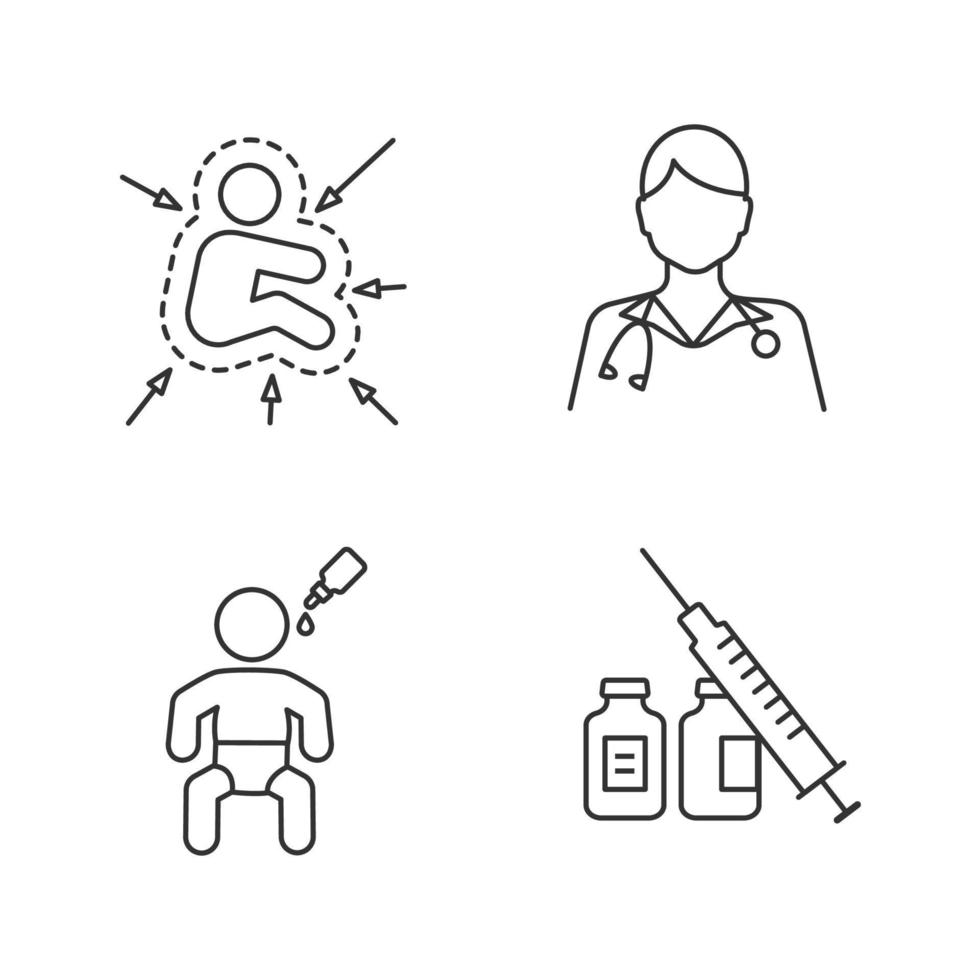 Kids vaccination and immunization linear icons set. Thin line contour symbol. Pediatrics. Kid immune system, pediatrician, oral vaccine, syringe. Isolated vector outline illustrations. Editable stroke