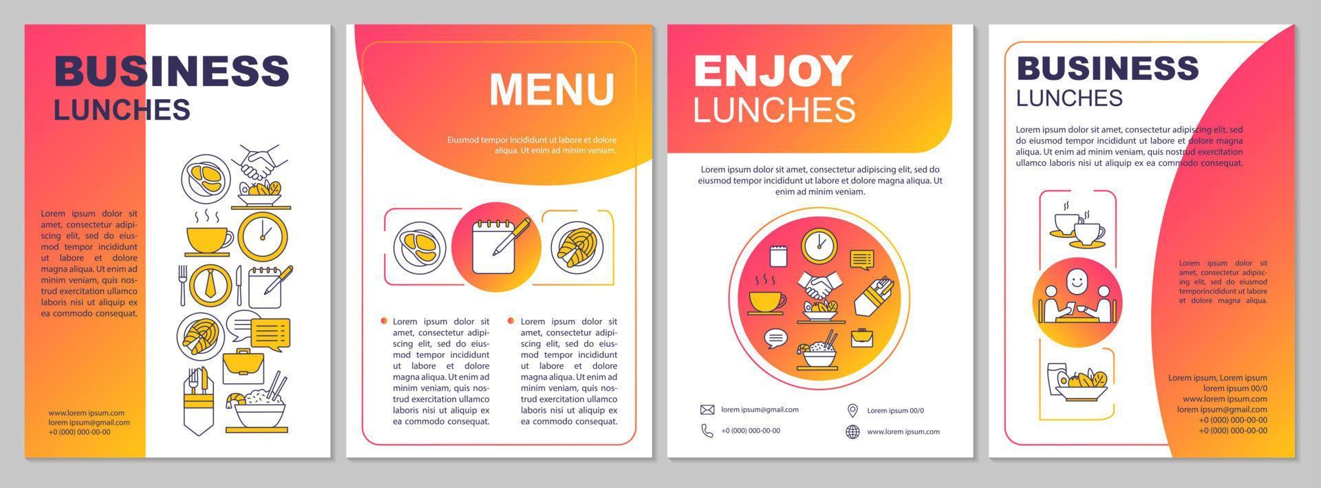 diseño de plantilla de folleto de almuerzo de negocios. folleto, folleto, diseño de impresión de folleto con ilustraciones lineales. negociar y hacer tratos. diseños de páginas vectoriales para revistas, informes, carteles publicitarios vector