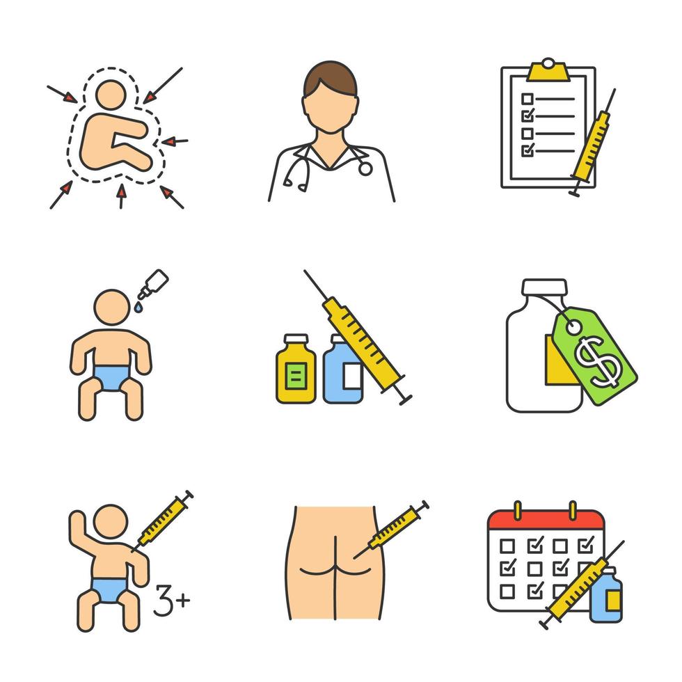 Vaccination and immunization color icons set. Kid's immune system, nurse, vaccination list and calendar, vaccine price, syringe and vials, intramuscular injection. Isolated vector illustrations