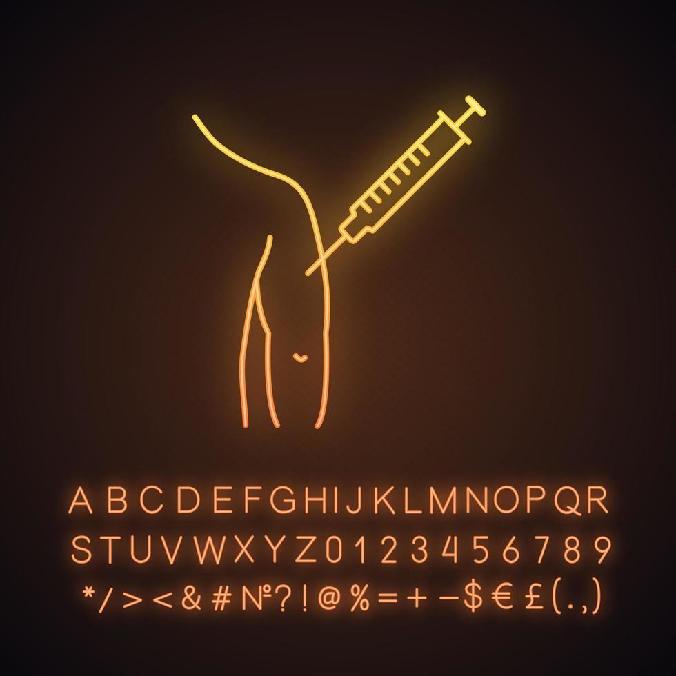 Injection in man's arm neon light icon. BCG, hepatitis, diphtheria immunization and vaccine. Disease prevention. Glowing sign with alphabet, numbers and symbols. Vector isolated illustration