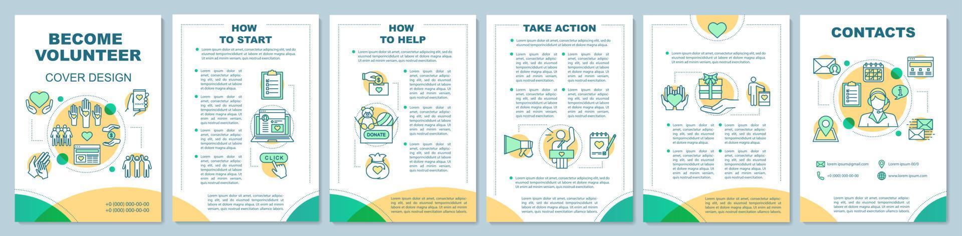 Volunteer becoming brochure template layout. Humanitarian help. Flyer, booklet, leaflet print design with linear illustrations. Vector page layouts for magazines, annual reports, advertising posters