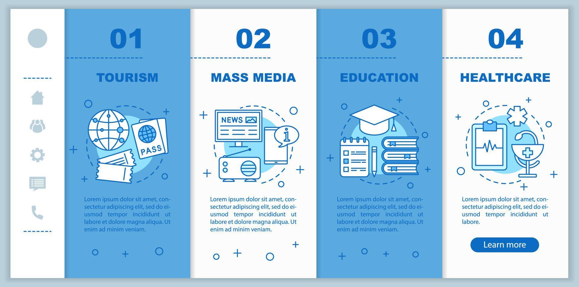 Spheres of human life app page screen vector template. Life balance. Healthcare, mass media, tourism, education walkthrough website with linear illustrations. UX,UI, GUI smartphone interface concept