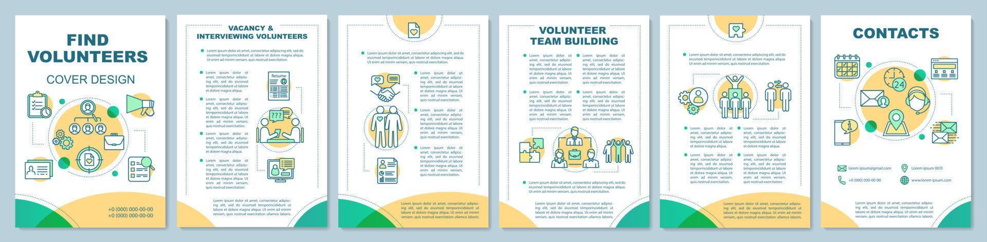 Volunteers finding brochure template layout. Volunteering team. Flyer, booklet, leaflet print design with linear illustrations. Vector page layouts for magazines, annual reports, advertising posters