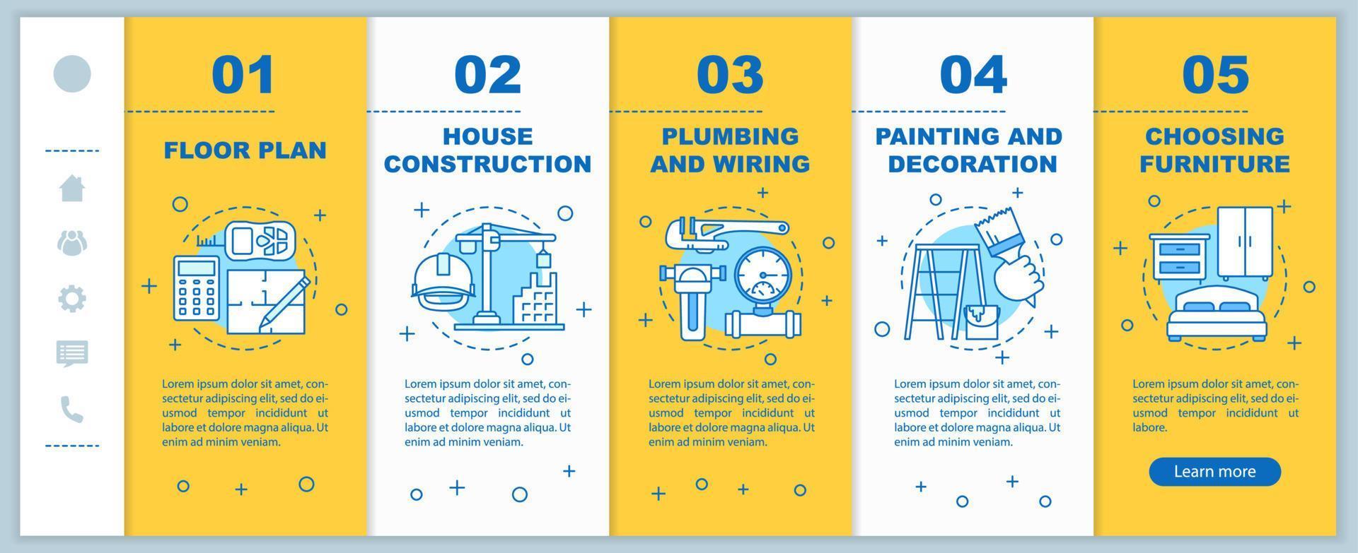 plantilla de vector de pantalla de página de aplicación móvil de incorporación de construcción de viviendas. plano de planta, construcción de casas, pasos del sitio web del recorrido con ilustraciones lineales. ux, ui, concepto de interfaz de teléfono inteligente gui