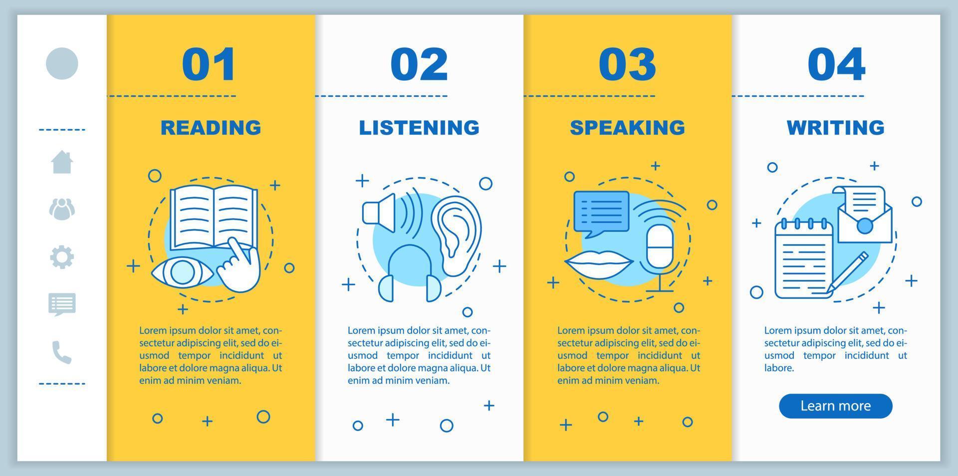 Cognitive activities onboarding mobile app page screen vector template. Reading, speaking, listening, writing walkthrough steps with linear illustrations. UX, UI, GUI smartphone interface concept