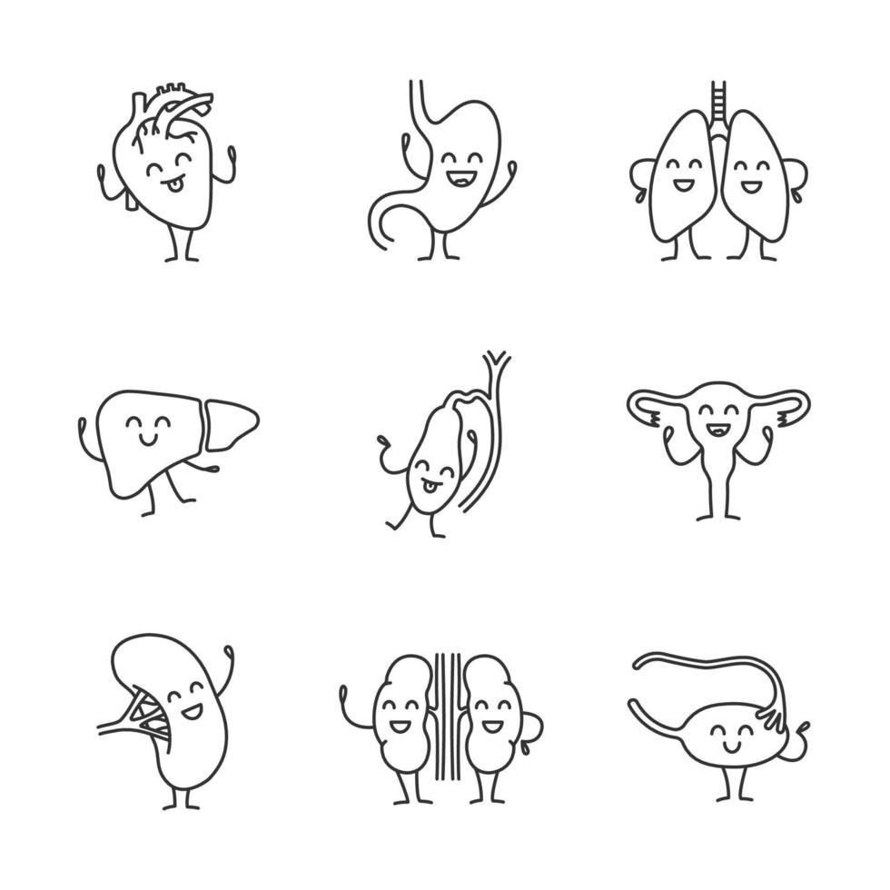 Smiling human internal organs characters linear icons set. Thin line contour symbols. Healthy digestive, respiratory, reproductive systems. Isolated vector outline illustrations. Editable stroke