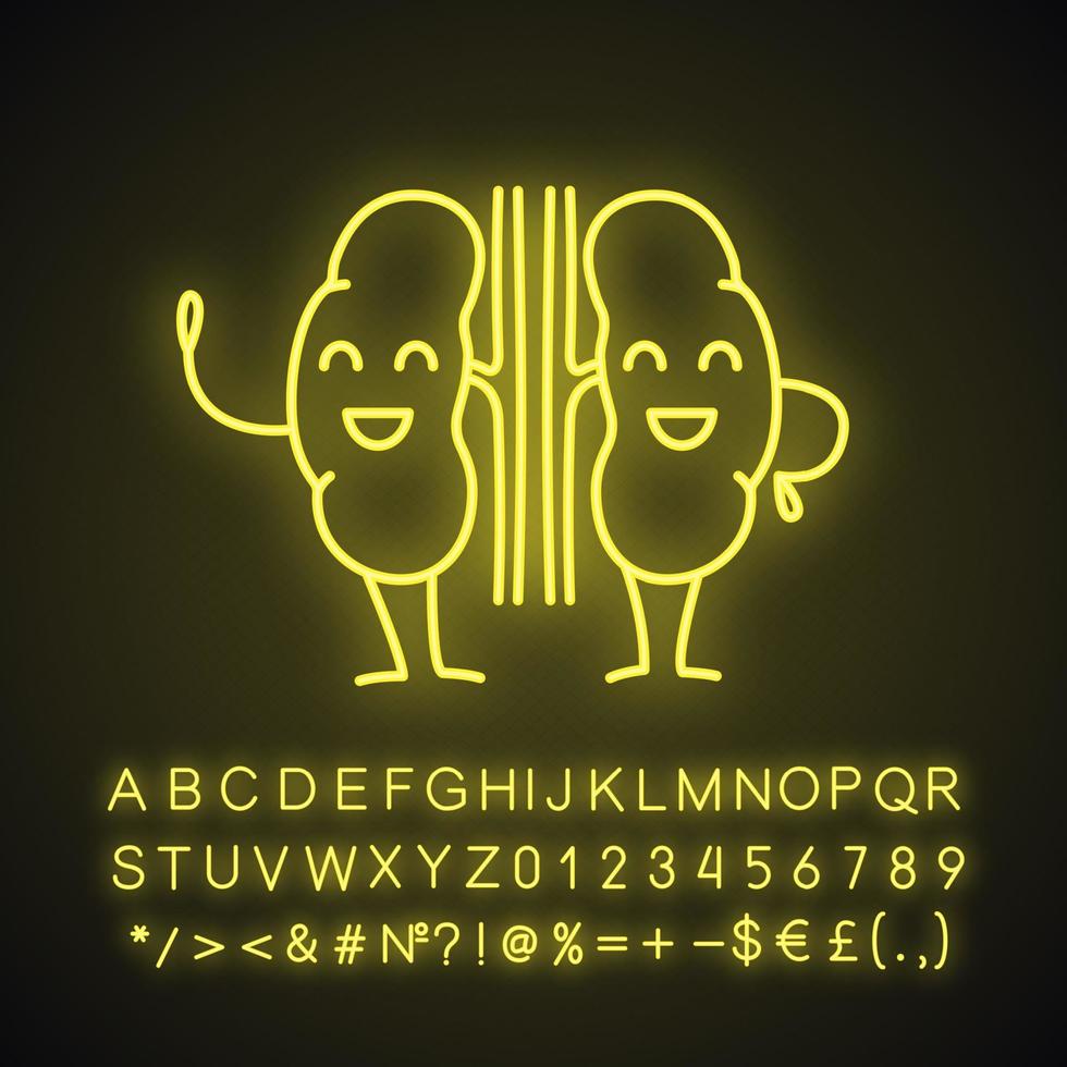 Smiling human kidneys emoji neon light icon. Healthy urinary tract. Urinary system health. Glowing sign with alphabet, numbers and symbols. Vector isolated illustration