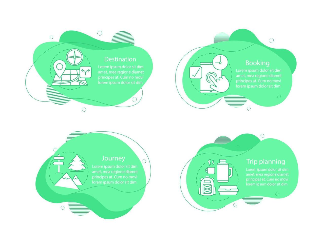 Travel agency concept illustrations. Trip planning infographic template. Fluid elements with text and linear icons. Choose and booking. Wavy bubbles steps. Presentation, banner report vector cliparts