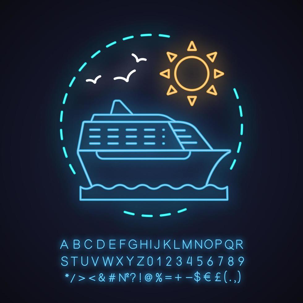 Vacation neon light concept icon. Cruise idea. Water transport. Summer voyage. Ocean liner, boat, ferry, cruise ship. Glowing sign with alphabet, numbers and symbols. Vector isolated illustration
