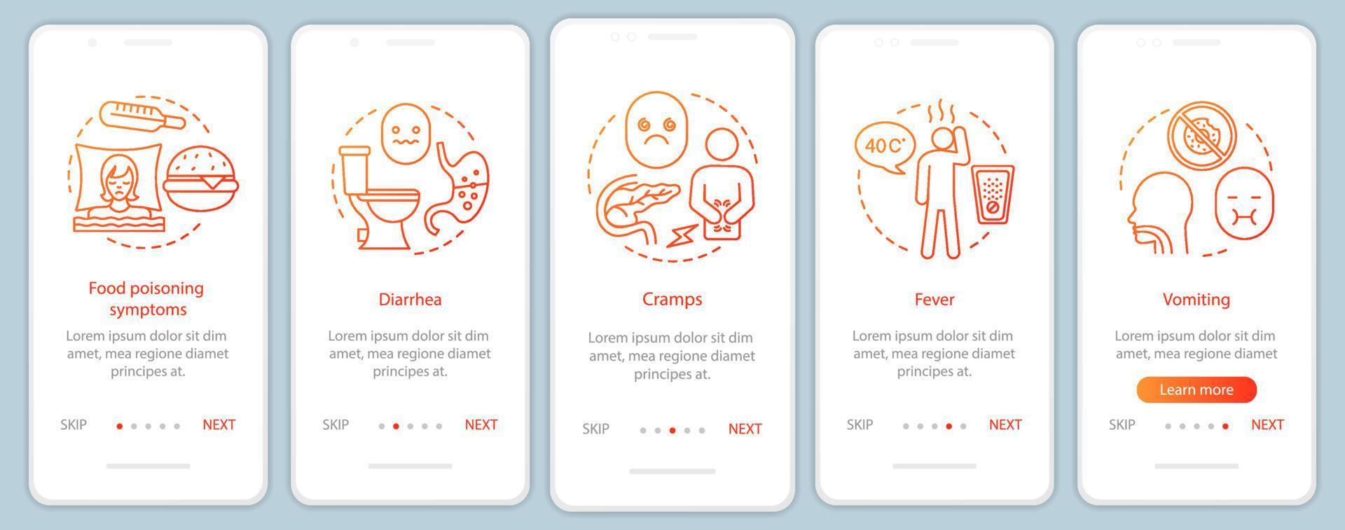 Foodborne disease onboarding mobile app page screen template. Food poisoning symptom. Diarrhea, cramps, fever, vomiting. Indigestion. Walkthrough website step. UX, UI, GUI smartphone interface concept vector