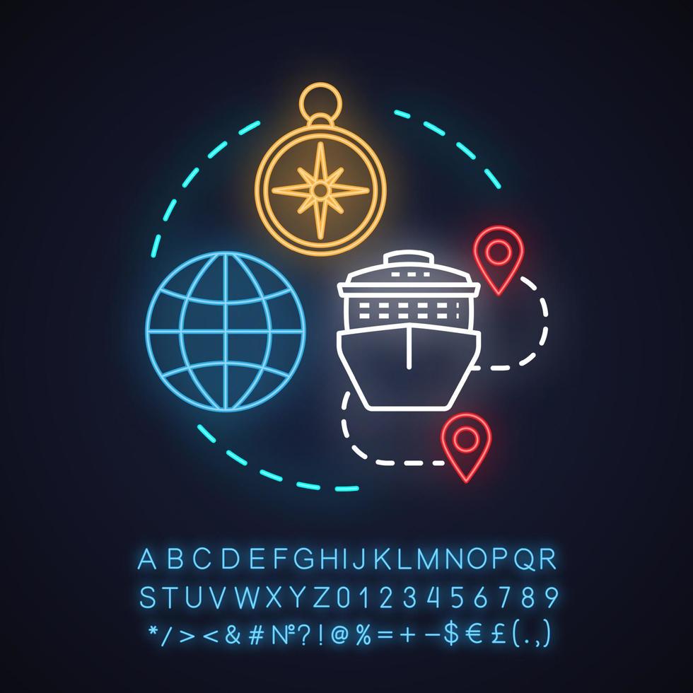 Cruise route neon light concept icon. Travel destinations idea. Cruise liner with map pinpoints. Journey, trip route planner. Glowing sign with alphabet, numbers, symbols. Vector isolated illustration