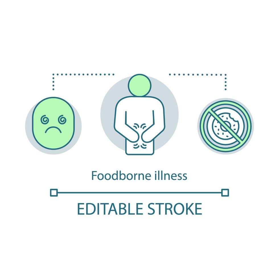 Foodborne illness concept icon. Indigestion idea thin line illustration. Vomiting. Food poisoning. Sickness. Digestive problems. Vector isolated outline drawing. Edtable stroke