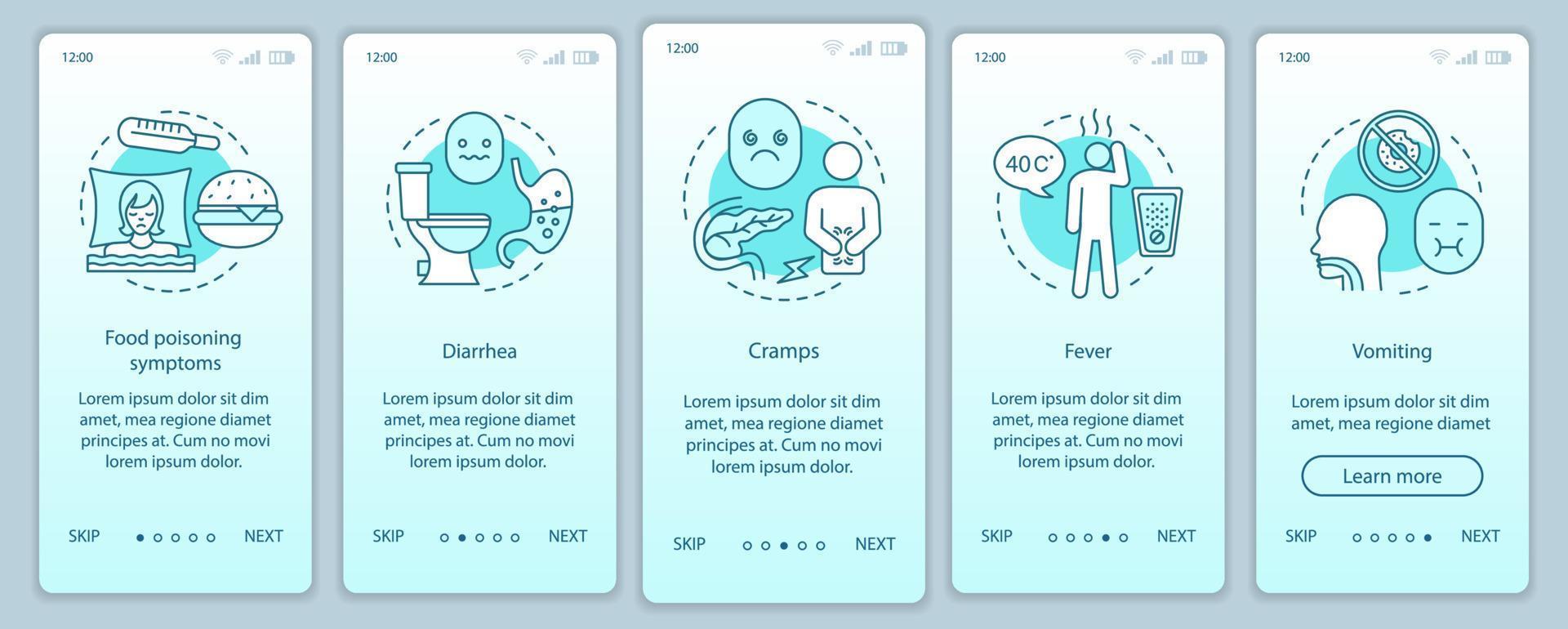 Indigestion symptom onboarding mobile app page screen template. Foodborne illness. Food poisoning. Diarrhea, cramps, fever, vomiting. Walkthrough website step. UX, UI, GUI smartphone interface concept vector