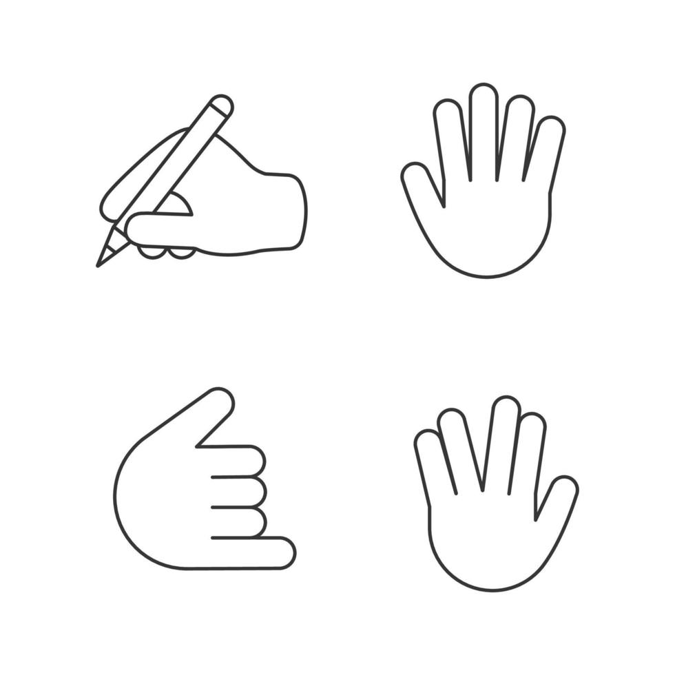 Hand gesture emojis linear icons set. Thin line contour symbols. Writing hand, vulcan salute, high five, shaka, call me gesturing. Isolated vector outline illustrations. Editable stroke