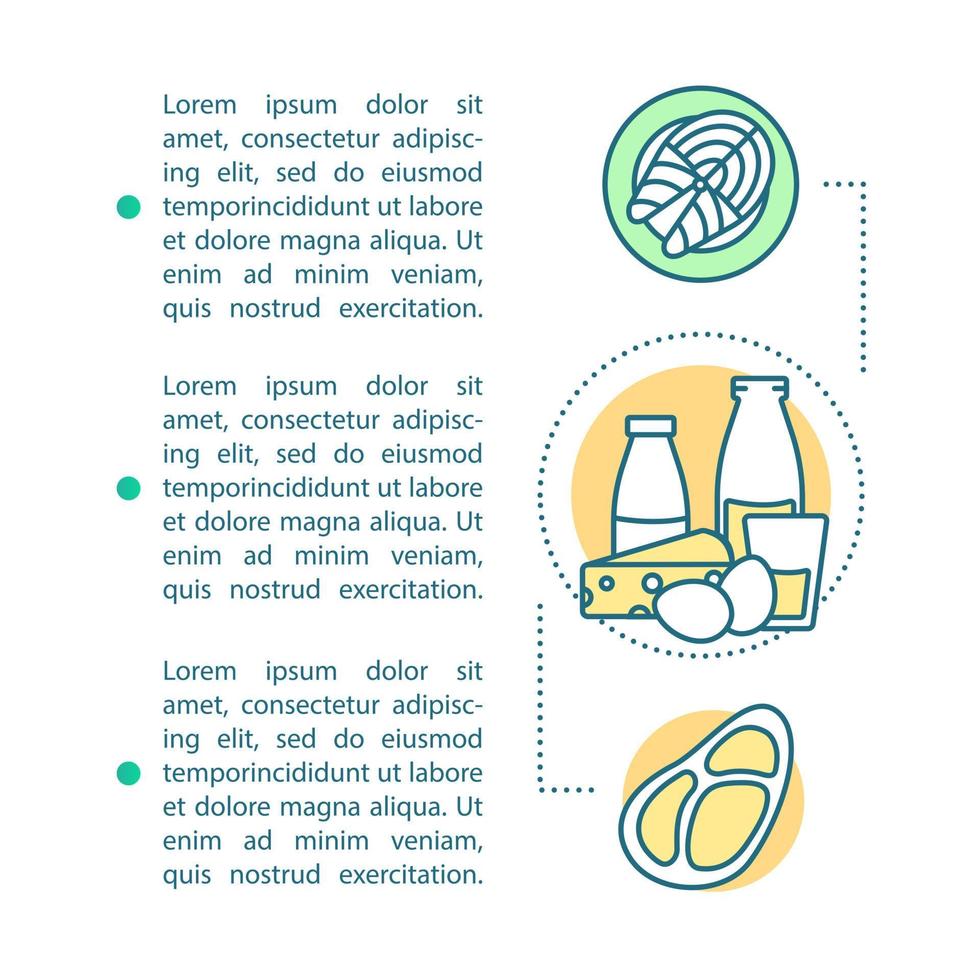 Ingredients article page vector template. Food, meal preparation. Brochure, magazine, booklet design with text boxes. Meat, fish, dairy product. Print design. Concept illustrations with text space